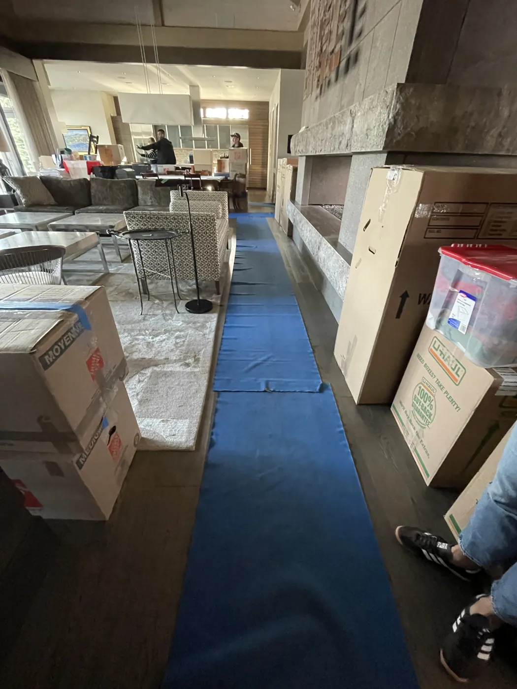 Protective floor runners along hallways and stairs